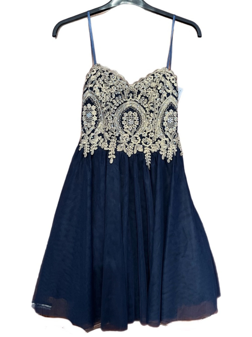 Macy's Navy Strapless Dress with Gold Lace Bodice